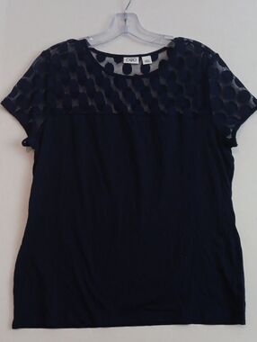 Cato Navy Dot Lace Yoke Short Sleeve Tee - Sheer Polka Panel